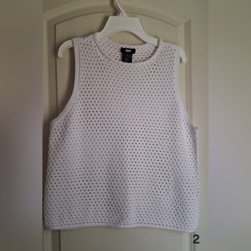 DKNY Open Stitch Sleeveles‎ Cotton White Boxy Tank Top M Beachy Casual Angelcore